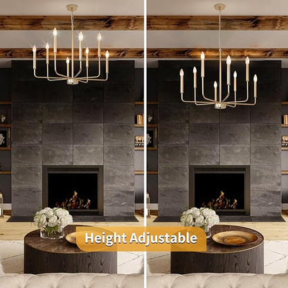 Gold Chandelier: 8-Light 29.5 Inch Candle Style Chandelier with Candelabra Arms - Modern Farmhouse Dining Room Light Fixture for Foyer Kitchen Island - E12 Base