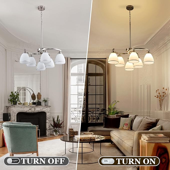 6-Light Brushed Nickel Chandelier Modern Farmhouse Dinner Room Light Fixture with Frosted Glass Lampshade, Rustic Round Adjustable Ceiling Pendant Light for Living Room, Over Table, Kitchen Island