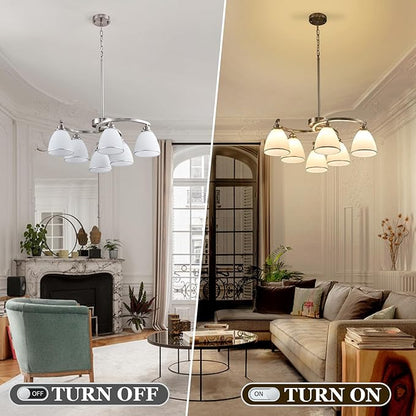 6-Light Brushed Nickel Chandelier Modern Farmhouse Dinner Room Light Fixture with Frosted Glass Lampshade, Rustic Round Adjustable Ceiling Pendant Light for Living Room, Over Table, Kitchen Island
