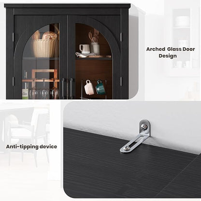 Garvee 70" Tall Kitchen Pantry Cabinet - Modern Display Cabinet with 4 Arched Glass Doors and Adjustable Shelves, Versatile Cupboard Organizers for Kitchen, Dining Room, Living Room, Bathroom, Black