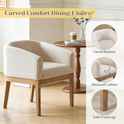 Barrel Dining Chairs Set of 2, Mid Century Modern Farmhouse Kitchen Chairs with Wood Legs, Linen Upholstered Accent Chair with Arms for Living Room/Bedroom, Beige