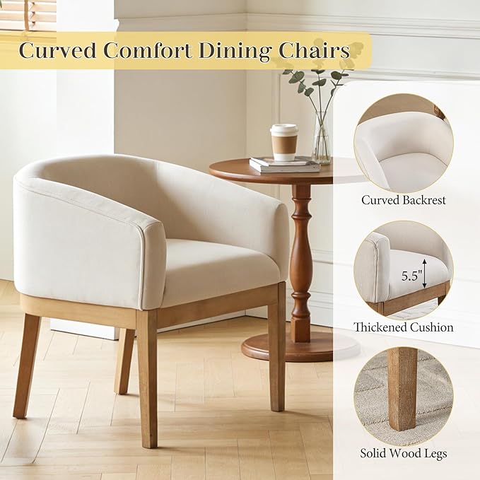 Barrel Dining Chairs Set of 6, Mid Century Modern Farmhouse Kitchen Chairs with Wood Legs, Linen Upholstered Accent Chair with Arms for Living Room/Bedroom, Beige
