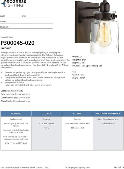 Progress Lighting P300045-020 Calhoun Collection Clear Glass Farmhouse Bath Vanity Light, 1 Light, Antique Bronze