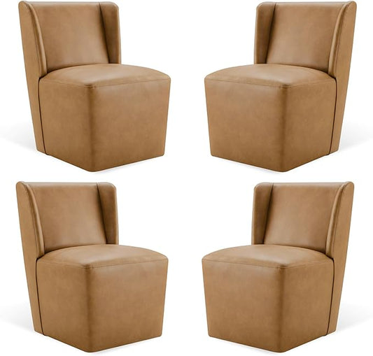 KISLOT Upholstered Dining Chairs Set of 4 with Casters, Wingback Modern Side Armless Deskchair with Rollers for Diningroom Bedroom Livingroom Reading Room, Brown Faux Leather