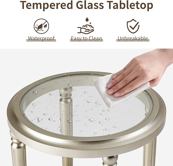 SUNBURY Modern End Table with Tempered Glass Top & Glass Lower Shelf, MDF Small Nightstand for Living Room, Bedroom, Dining Room (Champagne)