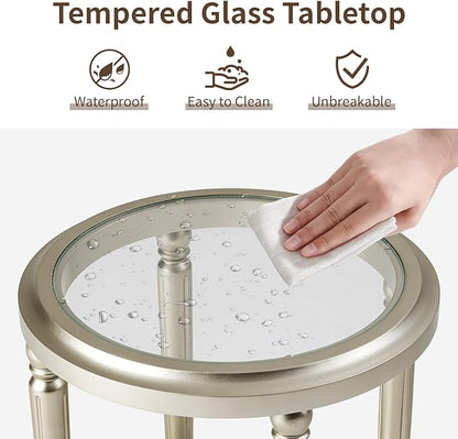 SUNBURY Set of 2 Modern End Tables with Tempered Glass Tops & Glass Lower Shelves, MDF Nightstands for Living Room, Bedroom, Dining Room (Champagne)