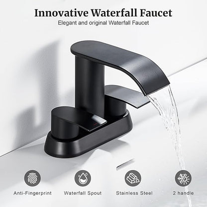 Ultimate Unicorn Black Waterfall Bathroom Faucet, 4 Inch Bathroom Sink Faucet for 3 Hole or 2 Hole, Anti-Splash Design Sink Faucets with Pop Up Drain, Easy Install for Vanity, RV, Lavatory