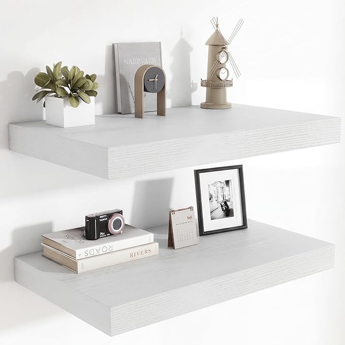 Heimlove 24 x 12 Inch Deep Floating Shelves Wall Mounted with Invisible Brackets, Storage Hanging Shelf for Wall Decor in Bathroom, Bedroom, Toilet, Kitchen, Living Room, Office, Set of 2, White