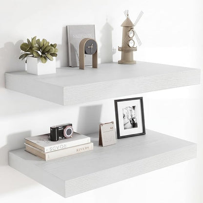 Heimlove 24 x 12 Inch Deep Floating Shelves Wall Mounted with Invisible Brackets, Storage Hanging Shelf for Wall Decor in Bathroom, Bedroom, Toilet, Kitchen, Living Room, Office, Set of 2, White