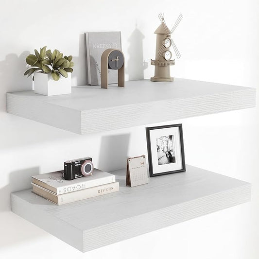 Heimlove 24 x 12 Inch Deep Floating Shelves Wall Mounted with Invisible Brackets, Storage Hanging Shelf for Wall Decor in Bathroom, Bedroom, Toilet, Kitchen, Living Room, Office, Set of 2, White