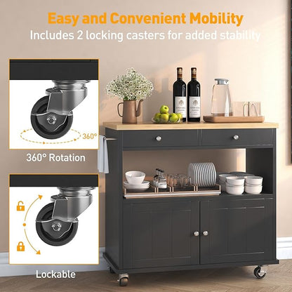 knoworld Rolling Kitchen Island with Storage Cabinet, 35.4'' Width Kitchen Cart, 2 Drawers Island Table, Portable Mobile Kitchen Island with Towel Rack, Wood Top and Lockable Wheels, Black