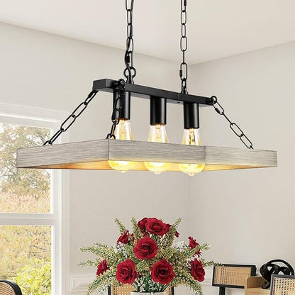 Rustic Farmhouse Chandelier for Dining Room 3-Lights Black+Wood