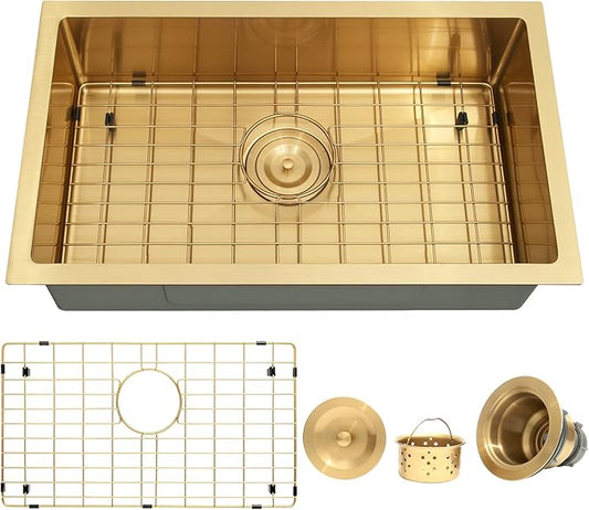 MILOSEN Gold RV Kitchen Sink, 25×15 inch 16 Gauge T304 Stainless Steel Undermount RV Sink with Basket Strainer, Gold Outdoor Camper Sinks, 7'' Depth Deep Single Bowl Laundry Basin