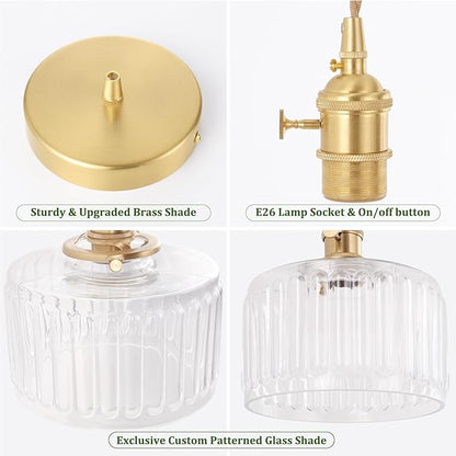 Shenmoyl Pendant Light with Clear Striped Glass Lmapshade, Brass Vintage Pendant Light Adjustable Hanging Light for Kitchen Island Dining Room Hallway