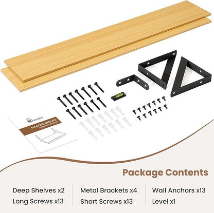 Axeman 48 Inch Floating Shelves | 8 Inch Deep Oak Wall Shelves Set of 2 | 47.3W x 8D Rustic Wood Shelves for Bookshelf Living Room Bedroom Home Office Bathroom