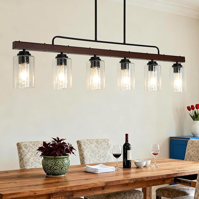 COTULIN 6-Light Farmhouse Kitchen Island Lighting, Dining Room Light Fixture, Rustic Wood Linear Chandelier Hanging, Black Pendant Light with Adjustable Rods and Seeded Glass Shades