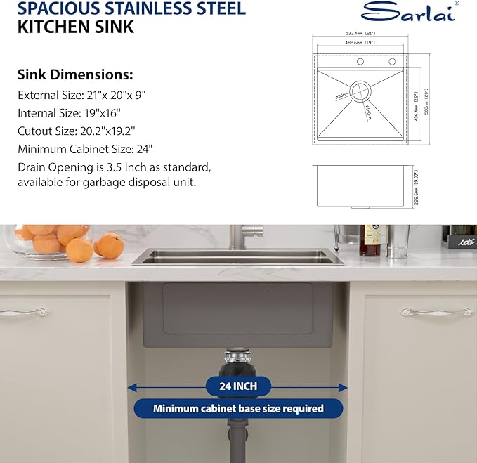 Sarlai Drop In Kitchen Sink - 21x20 Drop In Kitchen Sink Ledge Workstation 16 Gauge Stainless Steel Topmount Deep Single Bowl Over Counter Sinks Basin Round Corners