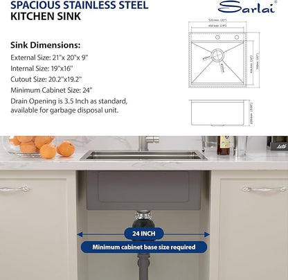 Sarlai Drop In Kitchen Sink - 21x20 Drop In Kitchen Sink Ledge Workstation 16 Gauge Stainless Steel Topmount Deep Single Bowl Over Counter Sinks Basin Round Corners