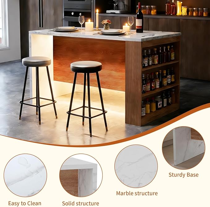 Large Island Table for Kitchen with Charging Station, Faux Marble Wooden Dining Table for 4-6 People, Modern Luxury Kitchen Island with LED Lights & Storage Space(61"x31"x35.4")