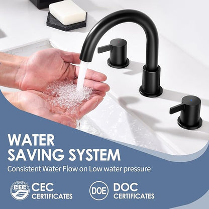Two Handle 8inch Widespread Bathroom Faucet 3 Holes, Bathroom Sink Faucet with Metal Pop up Drain Assembly and cUPC Water Supply Lines, Black