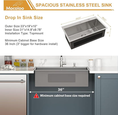 33 Inch Drop In Kitchen Sink - Mocoloo 33 x 19 Inch Stainless Steel Kitchen Sinks Topmount 16 Gauge Single Bowl Above Counter Handmade, 33''x19''x10'' Kitchen Sink Drop In with Offset Drainer