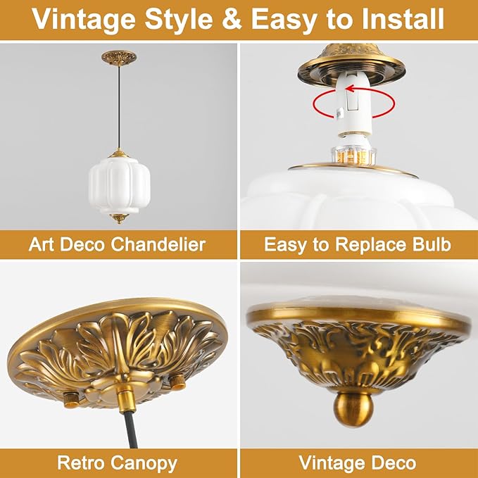 Milk Glass Pendant Light, 9in Medium Schoolhouse Light Fixture, LED Bulb Included, Vintage Art Deco Chandelier for Kitchen Island Dining Room Bedroom Hallway, White & Antique Gold 1 Pack