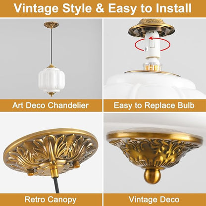 Milk Glass Pendant Light, 9in Medium Schoolhouse Light Fixture, LED Bulb Included, Vintage Art Deco Chandelier for Kitchen Island Dining Room Bedroom Hallway, White & Antique Gold 1 Pack