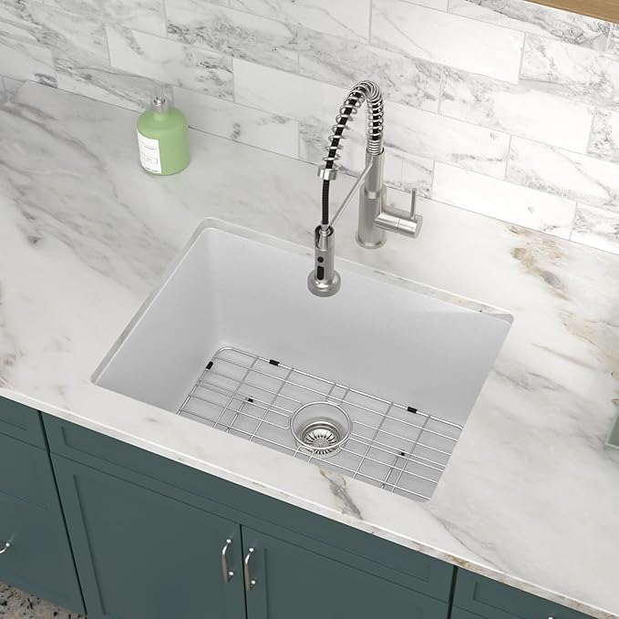 24 Inch Undermount Laundry Sink, White Granite Composite Quartz Sink, 12 Inch Deep Single Bowl Utility Sink, Non-Porous, Stain Resistant, Easy to Clean, Modern Sink for Laundry Room