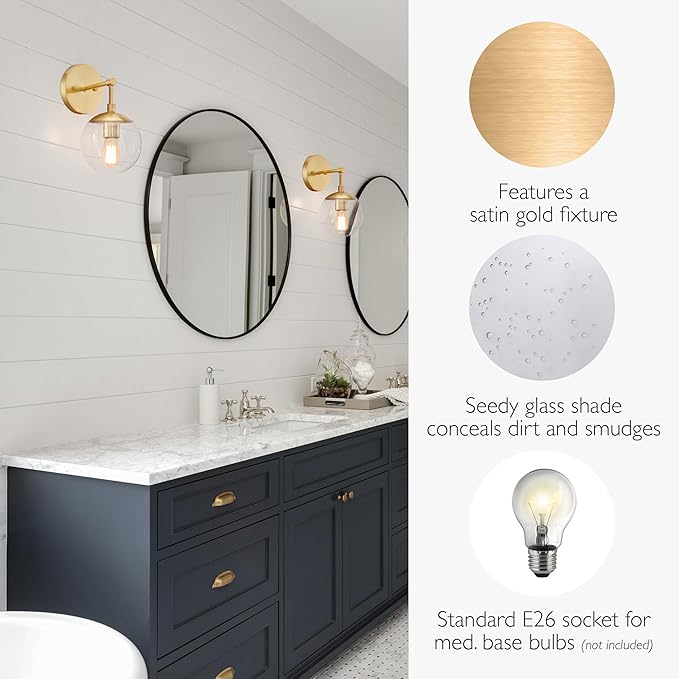 Design House Gracelyn 1-Light Dimmable Wall Sconce, Seeded Glass, Satin Gold, 11.65 in H x 6.11 in W x 8 in D, 588871-SG