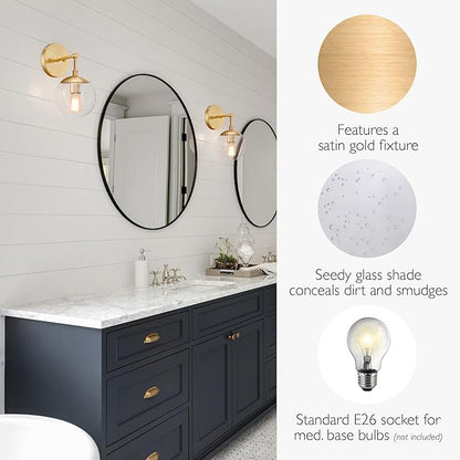 Design House Gracelyn 1-Light Dimmable Wall Sconce, Seeded Glass, Satin Gold, 11.65 in H x 6.11 in W x 8 in D, 588871-SG