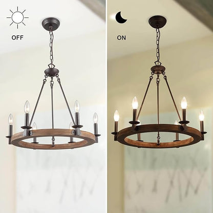 LALUZ Farmhouse Chandelier, Wood Wagon Wheel 6-Light Chandelier Light Fixture for Dining Room, Living Room, Bedroom, and Foyer