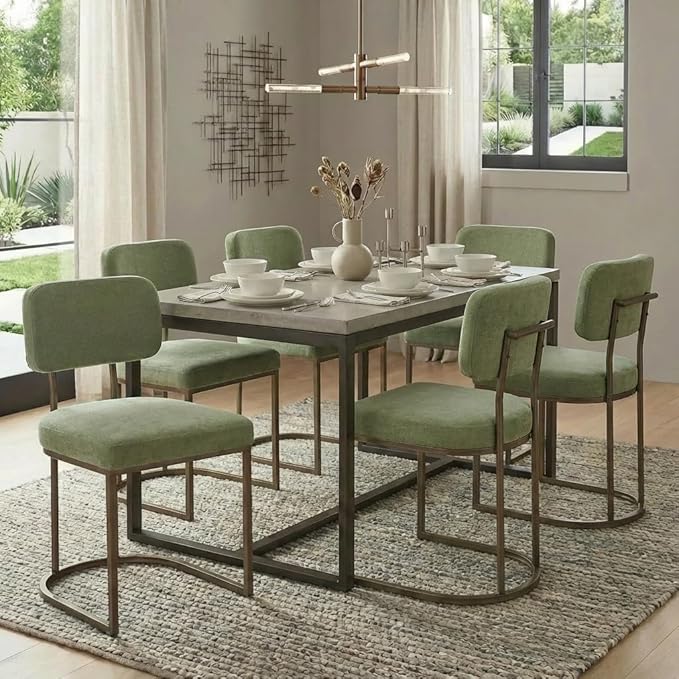 KISLOT Dining Chairs Set of 6, Upholstered Modern Kitchen Chairs with Ergonomic Backrest, Fabric Cushion & Wire Drawing Curve Metal Legs for Living Room, Restaurant, Café, Green, 2Boxs