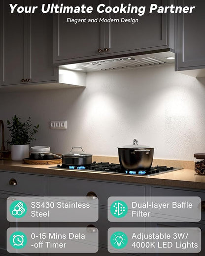 36 inch Stainless Steel Insert Range Hood - 900 CFM, Gesture Control, Ultra-Quiet 4-Speed Vent, LED Lights, Ducted/Ductless Convertible