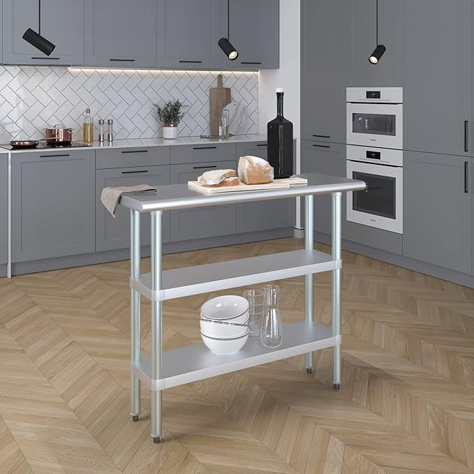Stainless Steel Work Table with 2 Shelves | Kitchen Island Food Prep | Laundry Garage Utility Bench | NSF Certified (48" Long x 14" Deep)