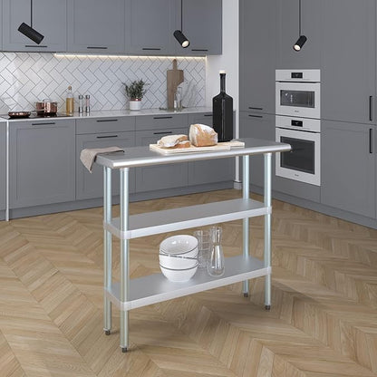 Stainless Steel Work Table with 2 Shelves | Kitchen Island Food Prep | Laundry Garage Utility Bench | NSF Certified (48" Long x 14" Deep)