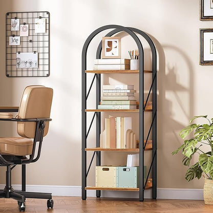 HOOBRO Bookshelf, 4-Tier Bookshelf Arched Display Racks, Industrial Bookcase with Metal Frame, Book Shelf Storage Organizer for Living Room, Office, Bedroom, Rustic Brown and Black BF424SJ01
