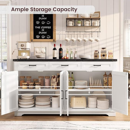 usikey 61” Large Sideboard Buffet Cabinet with 4 Doors and 3 Drawers, Farmhouse Buffet Table, Dining Room Storage Cabinet for Kitchen or Living Room, White