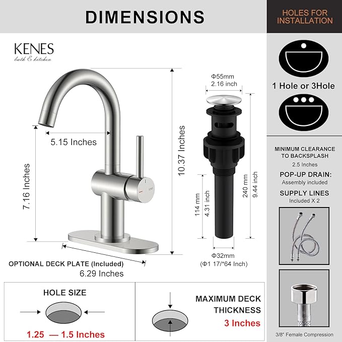 KENES Brushed Nickel Bathroom Faucet Single Handle Modern Prep Wet Bar Sink Faucet Bathroom Sink Faucets with Drain Assembly & Deck Plate, Farmhouse RV Camper Outdoor Utility Faucet, KE-9005B