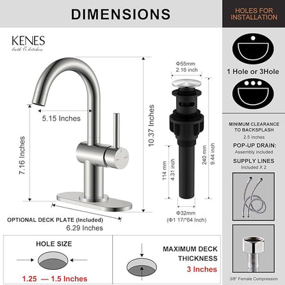 KENES Brushed Nickel Bathroom Faucet Single Handle Modern Prep Wet Bar Sink Faucet Bathroom Sink Faucets with Drain Assembly & Deck Plate, Farmhouse RV Camper Outdoor Utility Faucet, KE-9005B