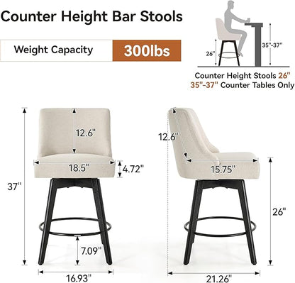 Vipbear Counter Height Bar Stools Set of 3, 26" H Swivel Bar Stools with Backs, Linen Fabric Upholstered Bar Chairs with Solid Wood Legs for Kitchen Island, Dining Room, Home Bar, White