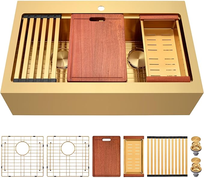 Gold Farmhouse Kitchen Sink 36 x 22 Drop In, 50/50 Double Bowl Farm Sinks, 16 Gauge Stainless Steel Workstation Sink with Ledge & Accessories, 36" x 22" x 10" Large and Deep Double Sink