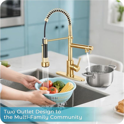 Kitchen Faucet with Pull Down Sprayer - Brushed Gold Single Handle Commercial Kitchen Faucets, 2-Spout Kitchen Sink Faucet, Stainless Steel Spring Pull Out Sink Faucet 1/3 Hole