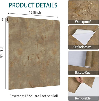 VaryStyle 15.7"x393" Luxury Brown Concrete Wallpaper Peel and Stick Thick Industrial Concrete Contact Paper for Walls Vinyl Roll Removable Waterproof Faux Cement Wallpaper for Bathroom Living Room