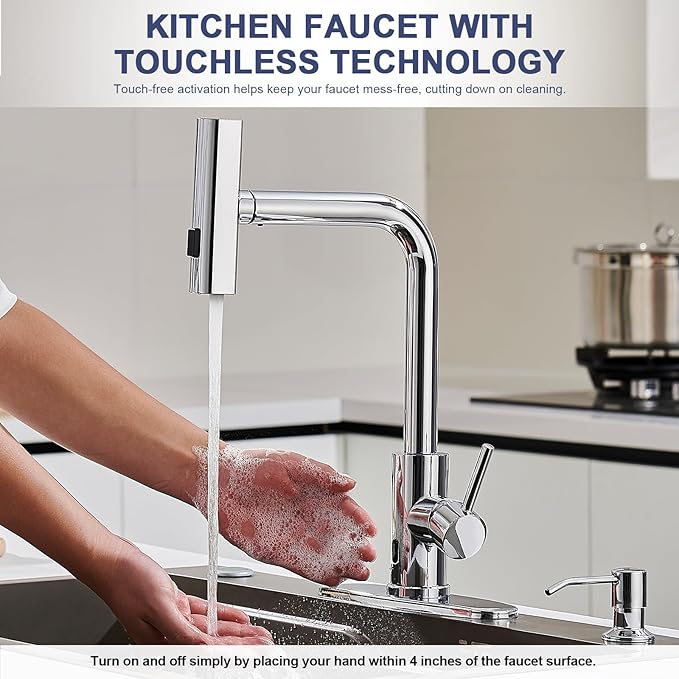 AVSIILE Touchless Waterfall Kitchen Faucets with Pull Down Sprayer & Soap Dispenser in Chrome, Single Hole, Single Handle, Pull Out Sink Faucet, Suitable for Farmhouse Camper Laundry Rv Bar