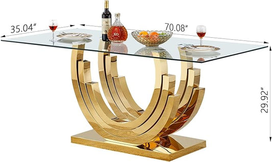 70" Luxury Glass Dining Table for 4 to 6 People, Modern Dining Room Table, Tempered Glass Top & Mirrored Finish Stainless Steel Pedestal, Large Rectangle Kitchen Dining Table Long Dinner Table, Gold