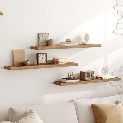 RALGEND Floating Shelves for Wall, 39.4" Long Wall Shelf Set of 3 with Invisible Bracket, 1.5" Thick Hanging Shelves Farmhouse Home Decor for Bathroom, Living Room, Bedroom Rustic Brown 10301BJP3BF