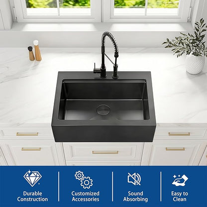 33 Inch Farmhouse Sink Black, 16 Gauge 304 Stainless Steel Farm Sinks, Drop In Topmount Single Bowl Workstation Sink with all Accessories, 33" x 22" x 10" Deep Kitchen Sink