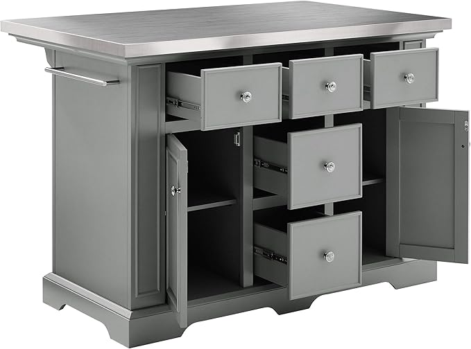 Crosley Furniture Julia Stainless Steel Top Kitchen Island with Storage Drawers, Shelves, and Spice Rack, Gray