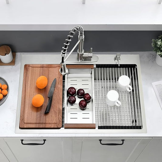 33 x 22 Drop In Kitchen Sink Workstation - 16 Gauge Stainless Steel Sinks Handmade 10 Inch Deep Single Bowl Kitchen Sink Top Mount Easy to Clean