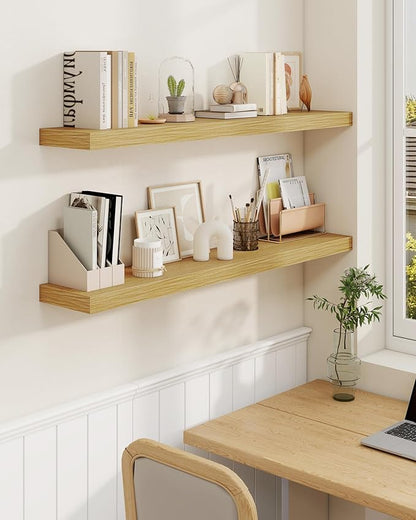 Marsmiles 40" Floating Shelves for Wall, Wooden Shelves with Invisible Brackets Set of 2, Rustic Farmhouse Wall Mounted Shelf for Kitchen Bathroom Living Room Study, Natural Oak